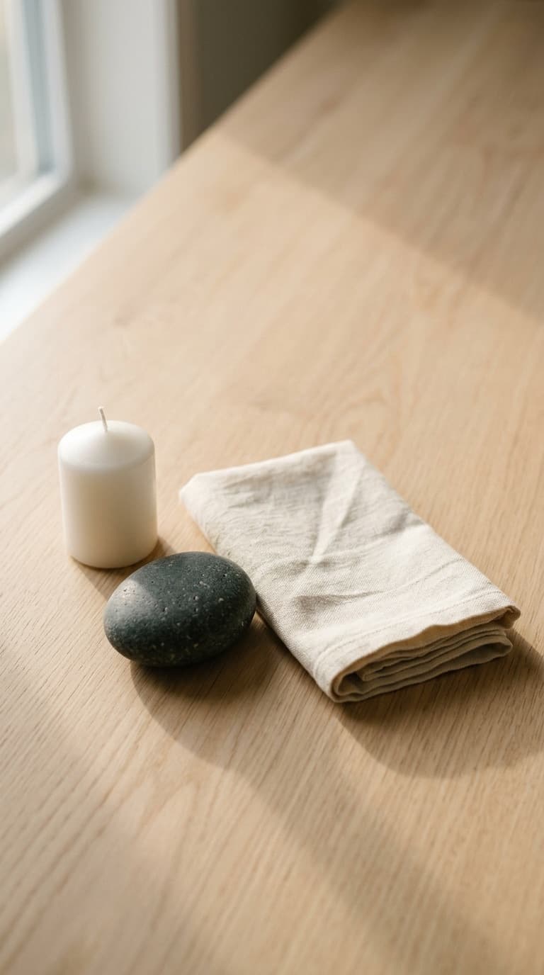 Minimalistické zátiší — svíce, hladký kámen a lněná látka v měkkém světle